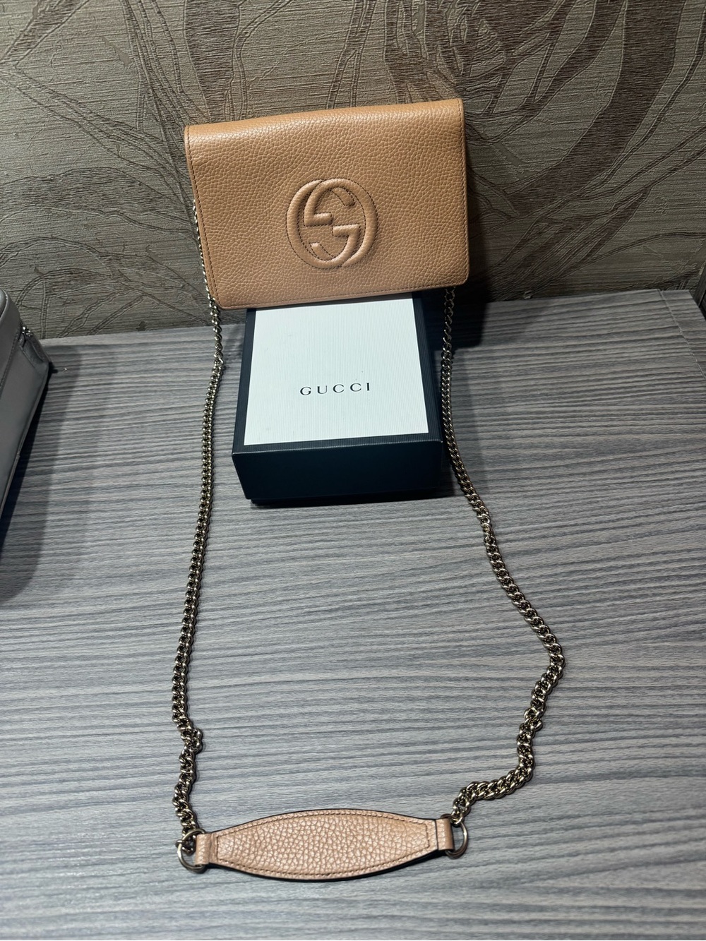 Gucci Pebbled Leather Crossbody Bag in Tan Beige